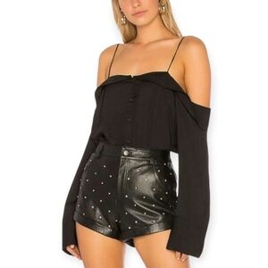 Free People Walk This Way Off the Shoulder Black Satin Button Blouse Small